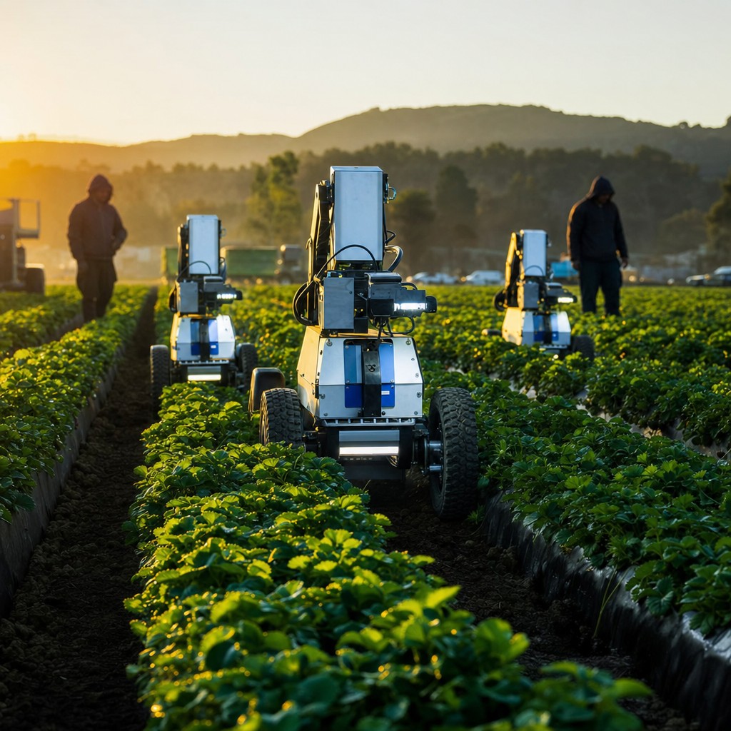 Foto del artículo: Los robots han abandonado el laboratorio – 15 máquinas recorren cada noche los campos de fresas de California